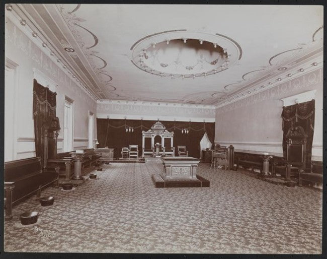 early 20th century antique american chicago area fraternal lodge solid golden oak wood oddfellow hall podium with intact hand-painted polychromatic symbols