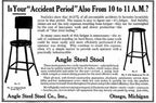refinished late 1920's american antique industrial four-legged riveted joint angled steel stationary stool with original maple wood seat and foot rest