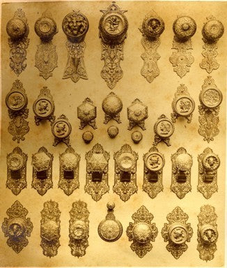 elegantly designed c. 1870's antique american ornamental cast bronze interior residential banded rim doorknob with largely intact aged patina