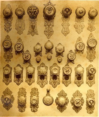 original early 1870's antique american metallic metal compression casting company antique american residential entrance door escutcheon with intact swinging keyhole cover