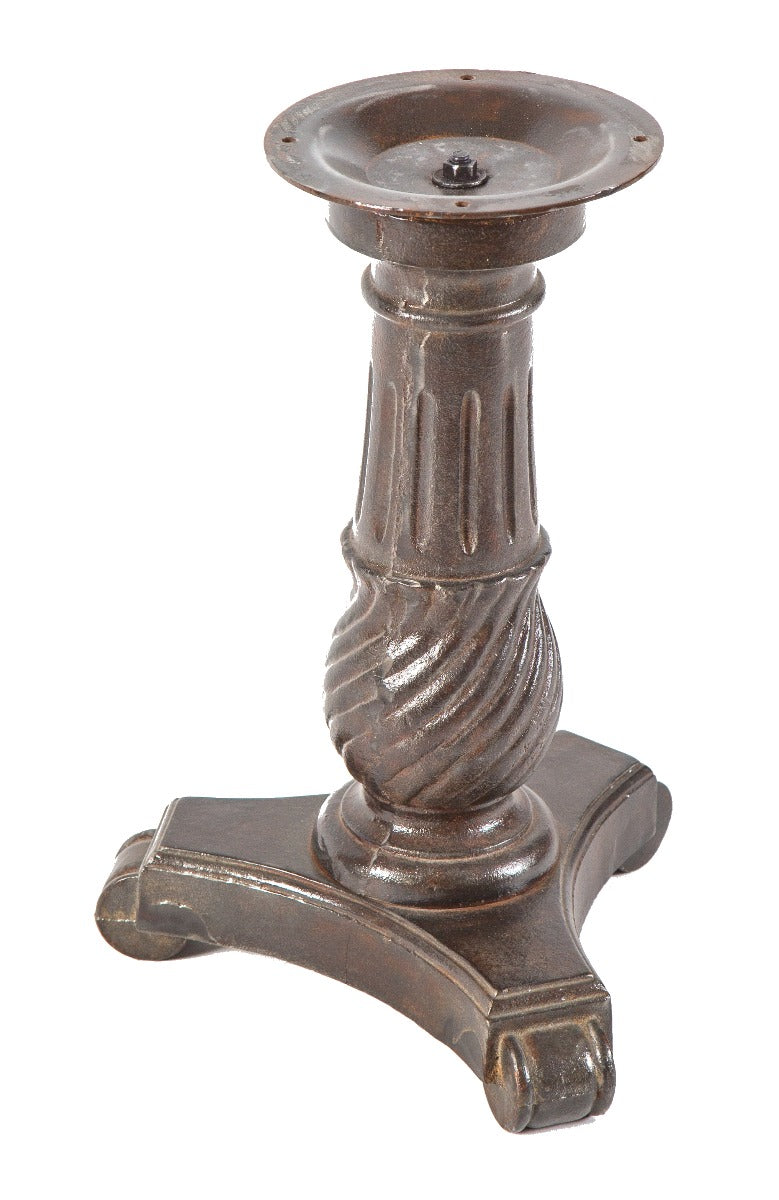 single late 19th century antique american ornamental cast iron three-legged lobby table base with brushed metal finish