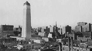 original antique c.late 1920's framed plaque comprised of an architectural rendering of the foshay building in minneapolis and an accompanying business card