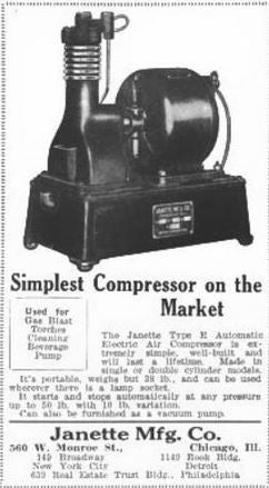 early 20th century rare antique american industrial "type e" janette self-contained single-cylinder air compressor with original baked black enameled finish