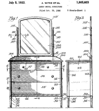 highly desirable early 1930's american industrial refinished pressed and folded sheet steel "simmons" lowboy dresser with original arch top swivel mirror