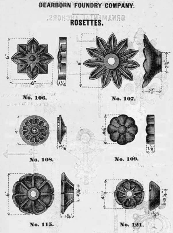 group of four matching all original antique american ornamental cast iron exterior commercial building i-beam girder floral rosettes
