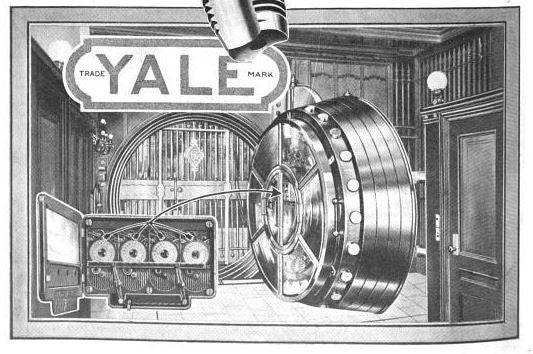 original historically important c. 1919-20 machined cast bronze "stockwell's patent" three-movement noel bank vault door time clock