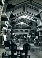 original historically important hexagonal-backed or "peacock"  imperial hotel oil cloth upholstered soak wood side chair designed by frank lloyd wright