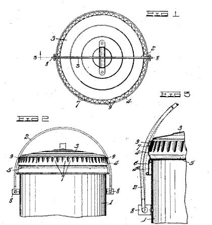 patented c. 1930's antique american industrial corrugated steel three-legged factory machine shop trash can with removable top