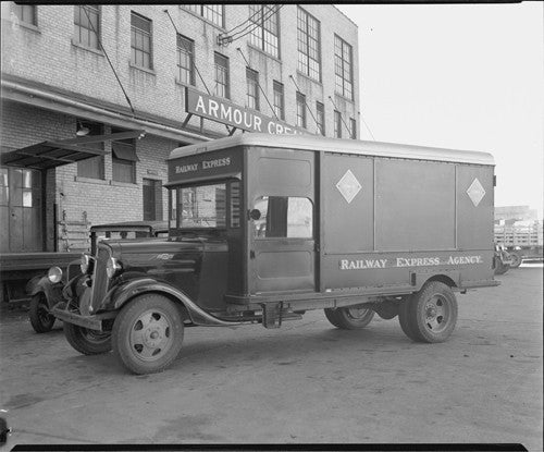 rare c. 1930's american depression era heavily reinforced vintage industrial all-welded joint railway express agency strongbox with intact drop handles