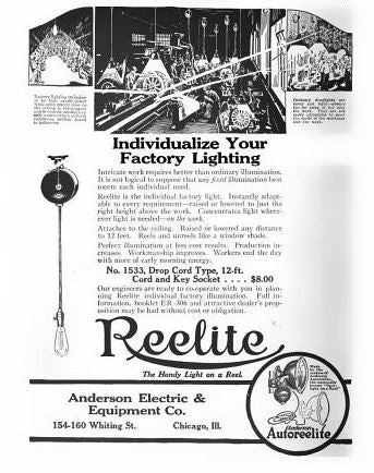 original and intact 1920's antique american industrial ceiling-mount "reelite" drop-down trouble light or lamp with turned wood handle and copper-plated cage or bulb guard