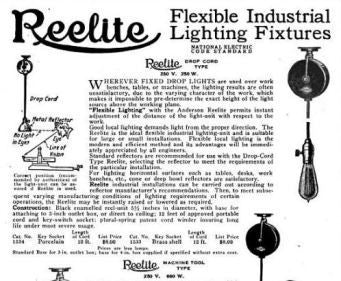 original and intact 1920's antique american industrial ceiling-mount "reelite" drop-down trouble light or lamp with turned wood handle and copper-plated cage or bulb guard