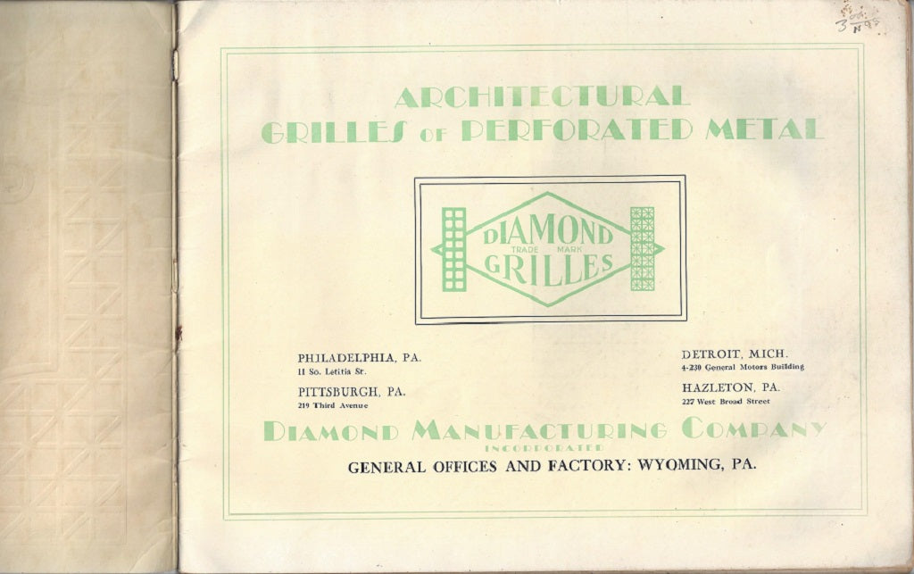 rare 1920s softcover catalog of ‘architectural grilles of perforated metal’ published for the diamond manufacturing co. of wyoming, pa.