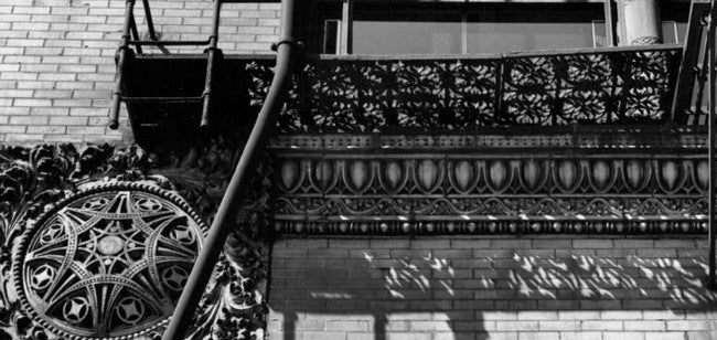 late 19th century historically important custom-cut exterior m.a. meyer loft building ornamental gothic style frank lloyd wright-designed wrought iron fire escape panel with striking moorish design