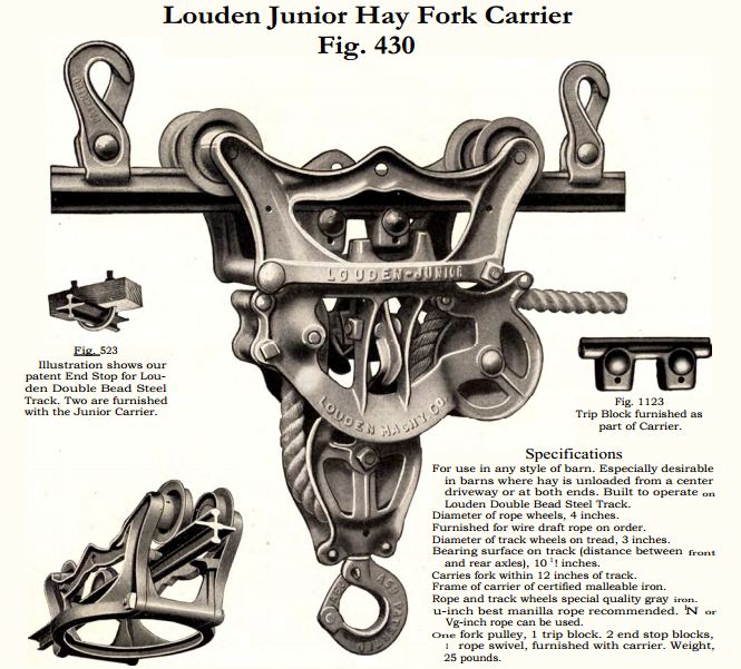 c. 1910-20 antique american industrial cast and/or louden wrought iron hay barn trolley rope pulley and oversized hook