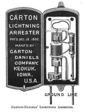 original c. 1908-10 antique american industrial surface mount "garton-daniels" green painted pine wood lightning hinged arrester box with incised black letttering