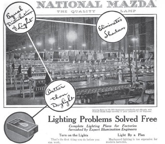 late 1920's original and largely intact oversized mazda brand shopfront hand-painted paper mache incandescent light bulb display