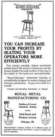 refinished american industrial "royal-chicago" four-legged stationary factory workshop angled steel stool with original pine wood seat