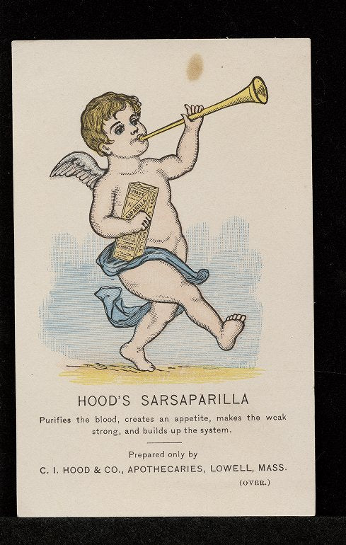 original and intact privy dug c. 1880's blue green glass medicine bottle manufactured for c.i. hood & co. in lowell, mass.