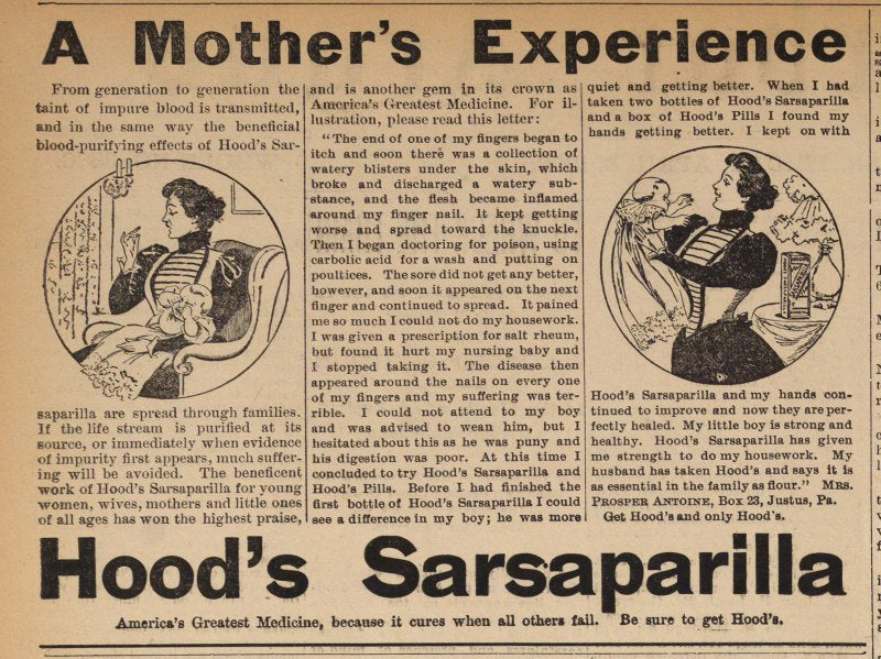 original and intact privy dug c. 1880's blue green glass medicine bottle manufactured for c.i. hood & co. in lowell, mass.