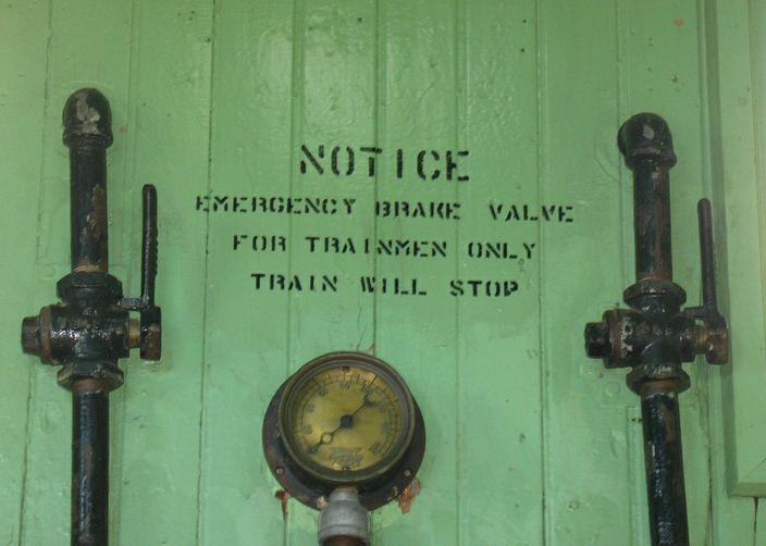 early 20th century vintage american industrial single-sided solid bronze metal "emergency brake valve" railroad locomotive plaque