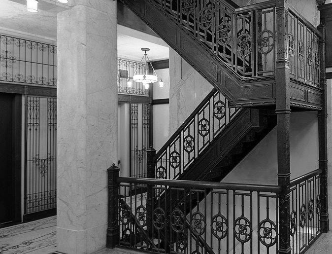 remarkable c. 1895 interior reliance building ornamental wrought iron elevator frieze panel or grillework with elegantly designed scrollwork