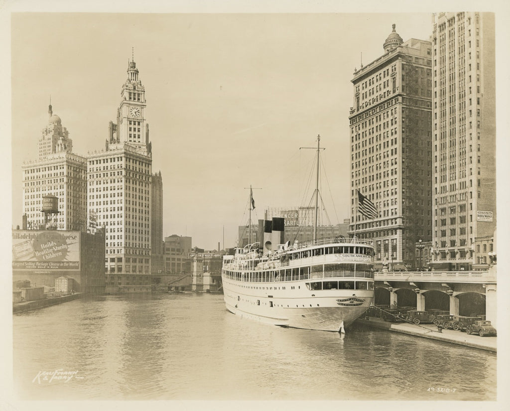 group of early 20th century kaufamnn and fabry silver gelatin prints of chicago buildings, boats, and bridges