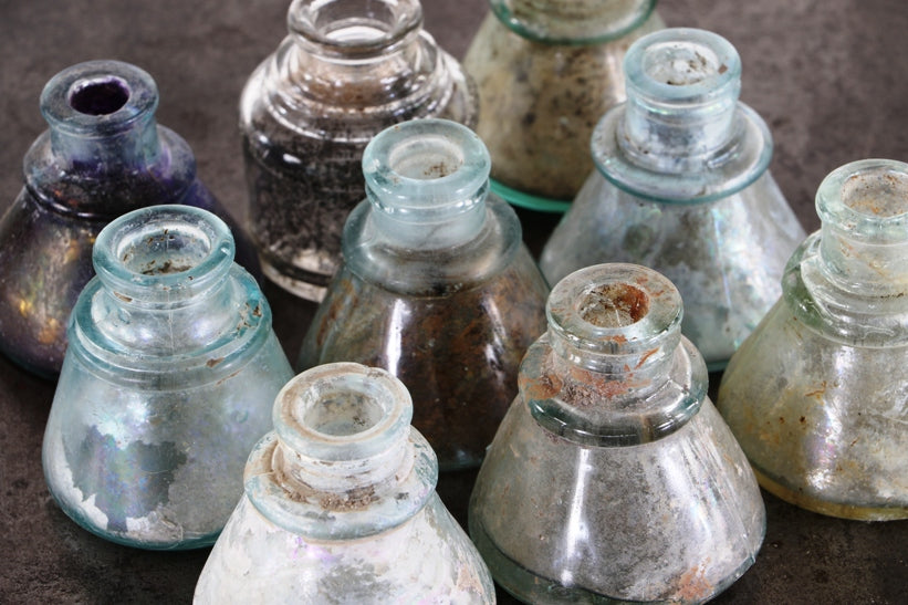nice variety of original chicago privy dug late 19th and early 20th century "cone" or conical-shaped mouth-blown green and blue aqua glass ink wells with rolled lips