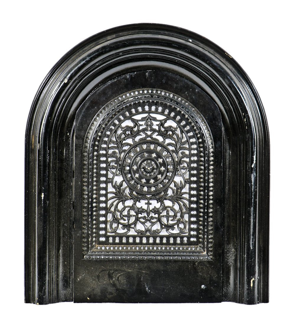 completely intact civil war-era heavily ornamented cast iron arch top interior residential black enameled fireplace summer cover with matching surround