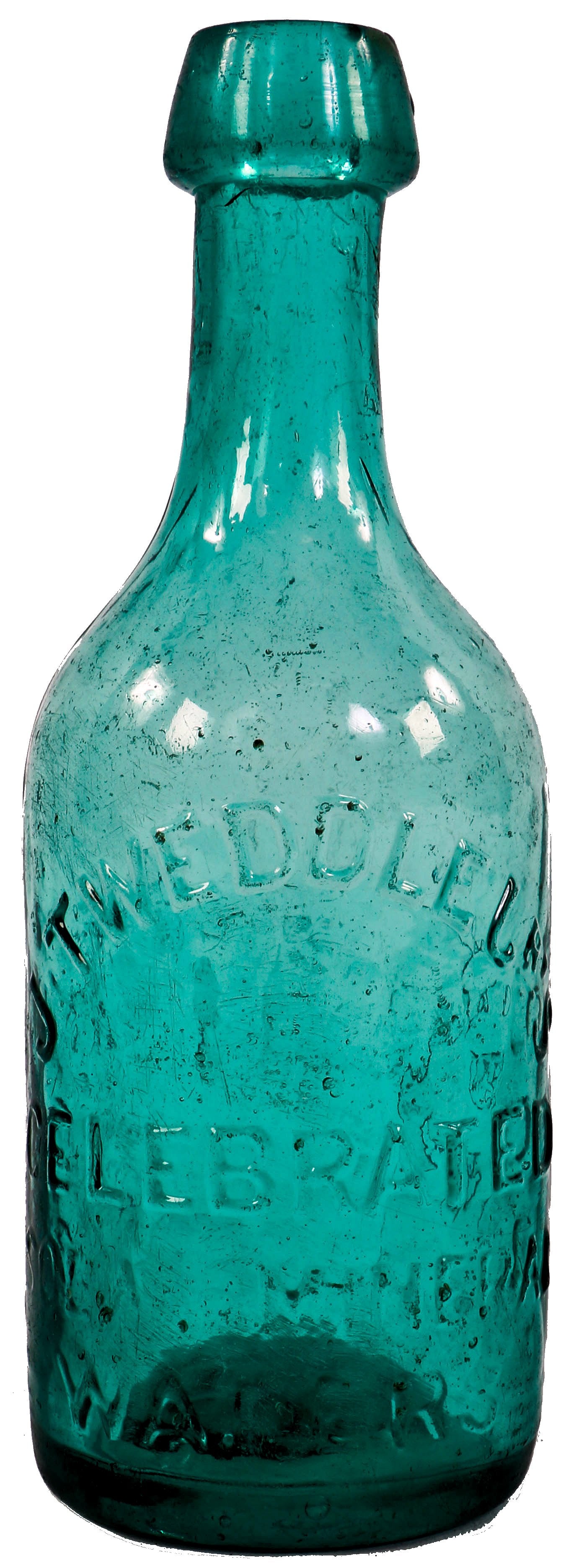 mid-nineteenth century vibrant blue-green privy dug antique american iron-pontiled soda bottle with tapered blobtop manufactured for new york bottler john tweddle jr.