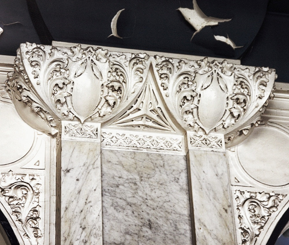 exceptionally rare and historically important early 20th century completely intact michael reese hospital lobby cast plaster "gardenesque" pilaster capital with abundant leafage