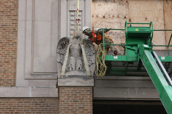 massive c. 1921 chicago prairie school "wrightesque" style carved limestone bunte candy factory exterior facade panel fragment