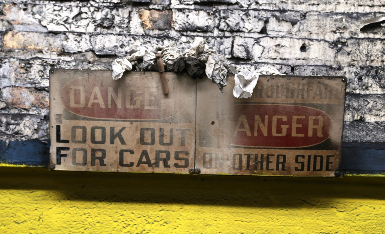 single-sided heavy gauge steel c. 1940's american industrial danger or cautionary "no thoroughfare" finkl foundry sign with bold black lettering