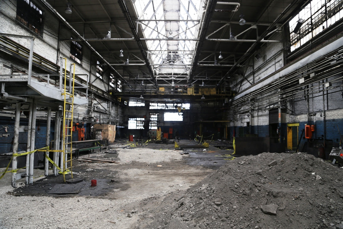 original c. 1940's american vintage industrial a. finkl & sons foundry "space must be kept clear" bright yellow single-sided composite sign with weathered finish