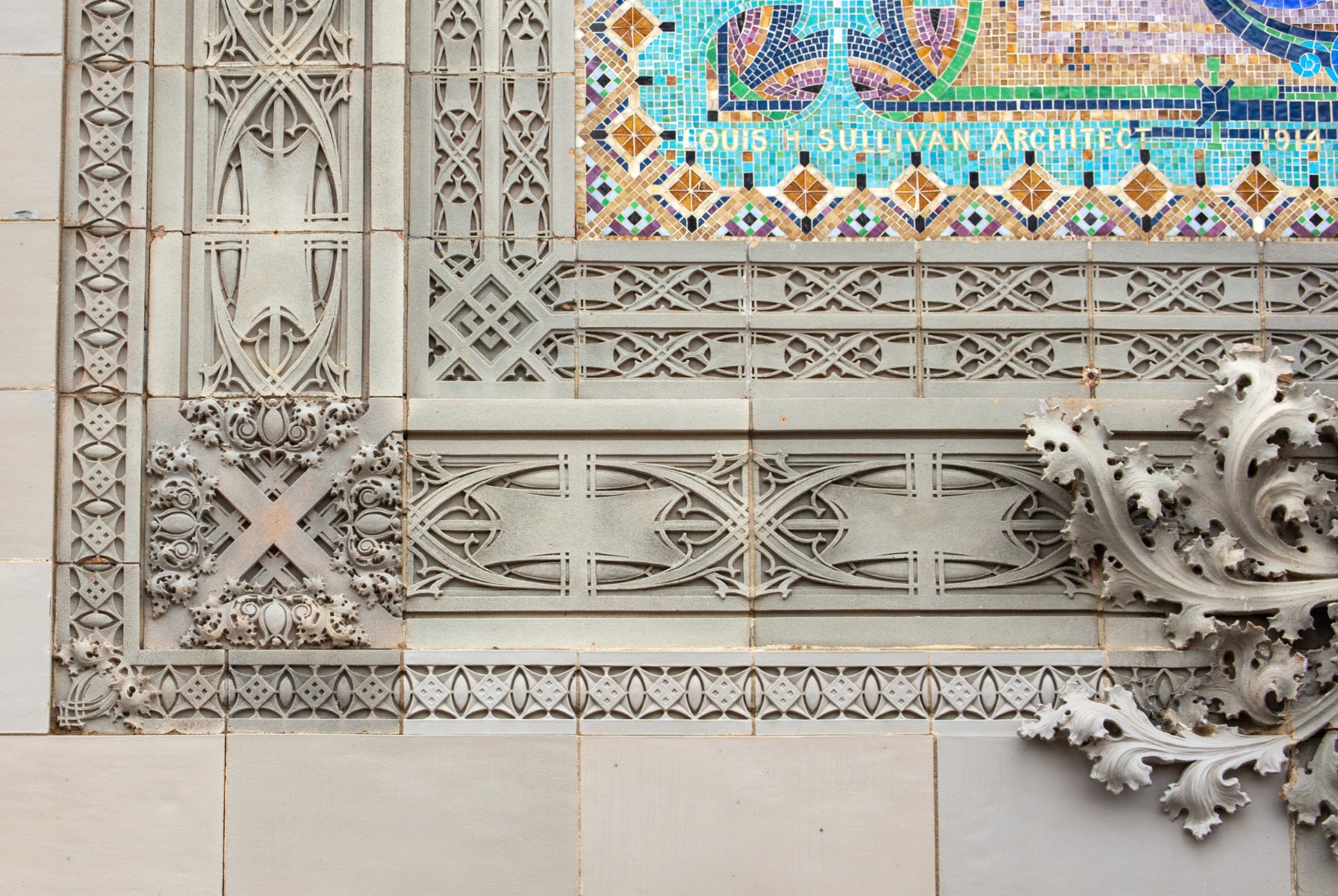 largely intact original louis h. sullivan-designed 1914 home building association bank exterior terra cotta panel