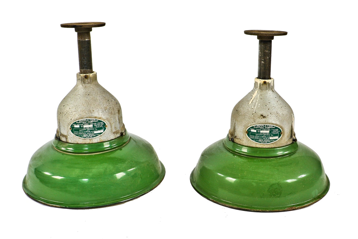 matching set of all original hard to find green porcelain enameled appleton "explosion proof" wrigley chewing gum factory pendants