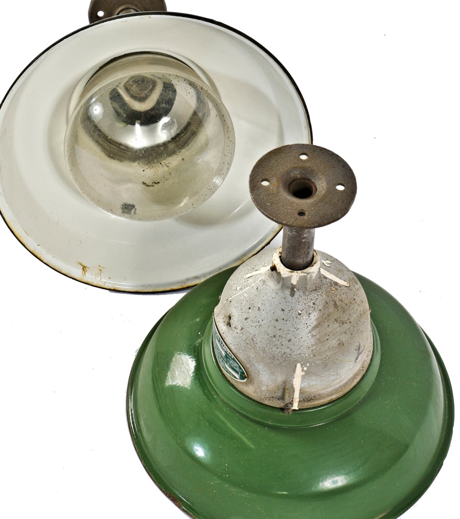 matching set of all original hard to find green porcelain enameled appleton "explosion proof" wrigley chewing gum factory pendants