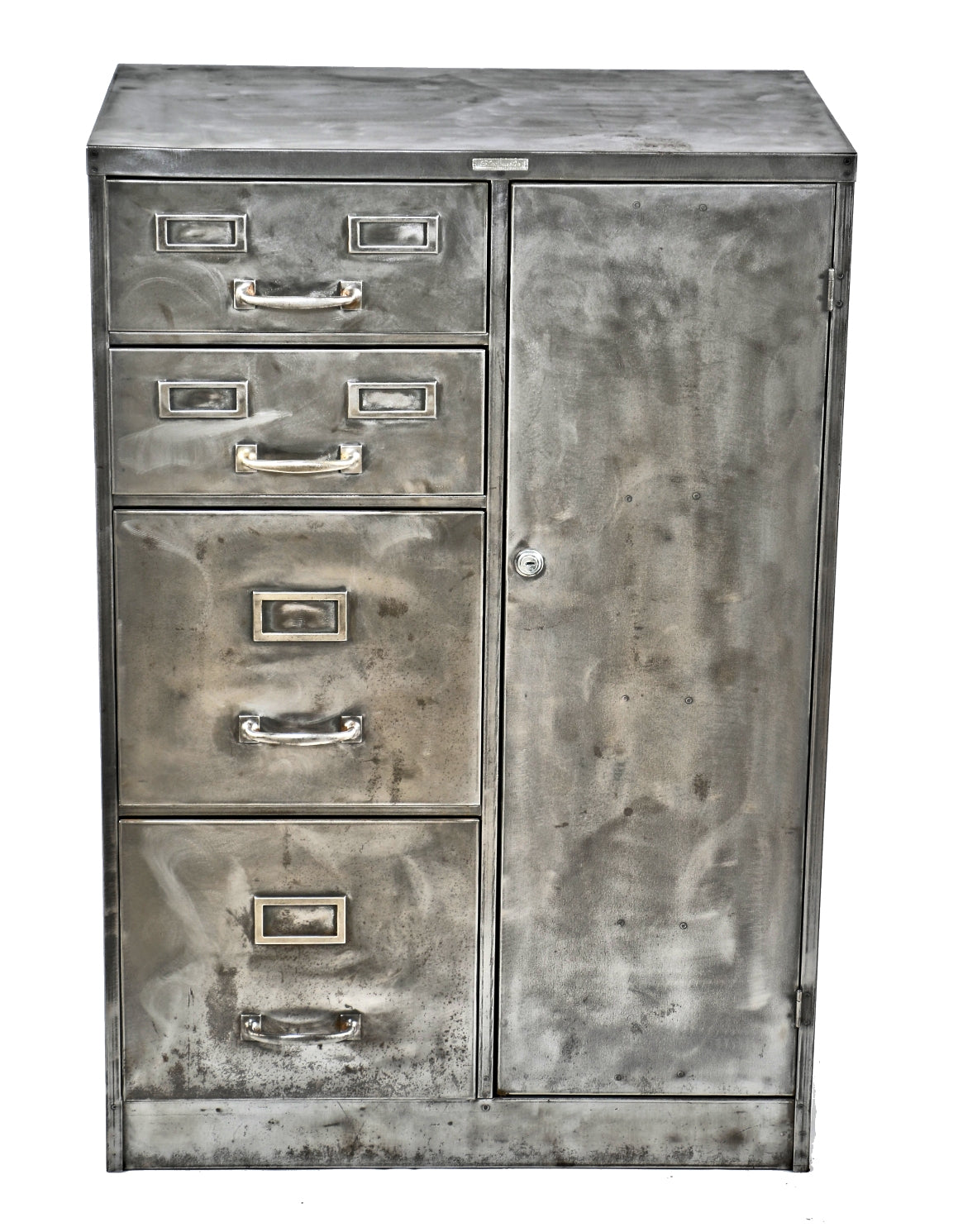 completely refinished all original american industrial brushed metal compartmentalized freestanding factory machine shop cabinet