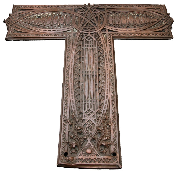 remarkably rare and highly sought after authentic interior louis sullivan-designed chicago stock exchange building elevator grille stamped copper t-plate
