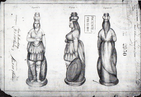 original and largely intact c. 1870's american antique medical "indian queen" browns celebrated indian herb bitters amber colored full-figure bottle