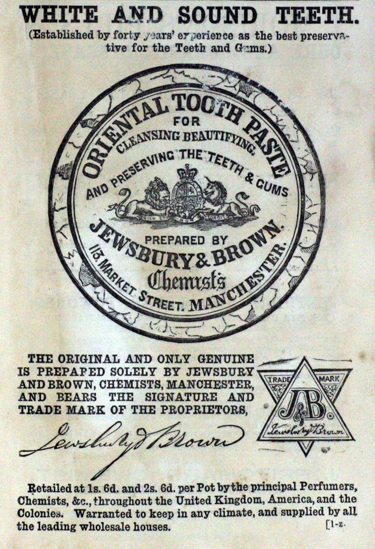 original and intact chicago dug pot lid for "oriental toothpaste" manufactured by  jewsbury & brown, in manchester, england.