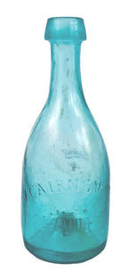 very crudely made late 1840's or 1850's original privy-dug aqua blue soda bottle with applied tapered collar manufactured for j cairns, in st. louis, mo.