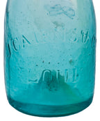 very crudely made late 1840's or 1850's original privy-dug aqua blue soda bottle with applied tapered collar manufactured for j cairns, in st. louis, mo.