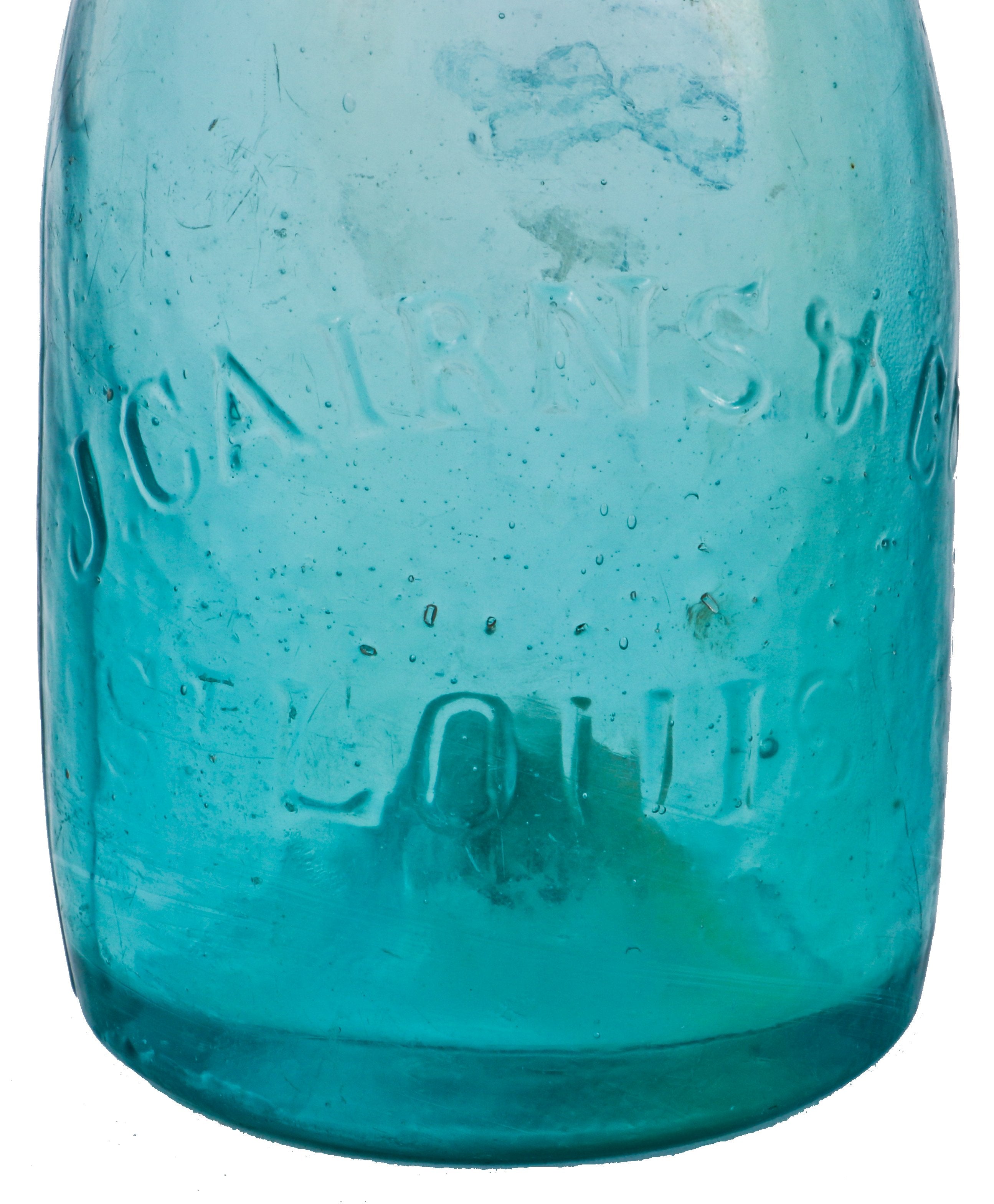 very crudely made late 1840's or 1850's original privy-dug aqua blue soda bottle with applied tapered collar manufactured for j cairns, in st. louis, mo.
