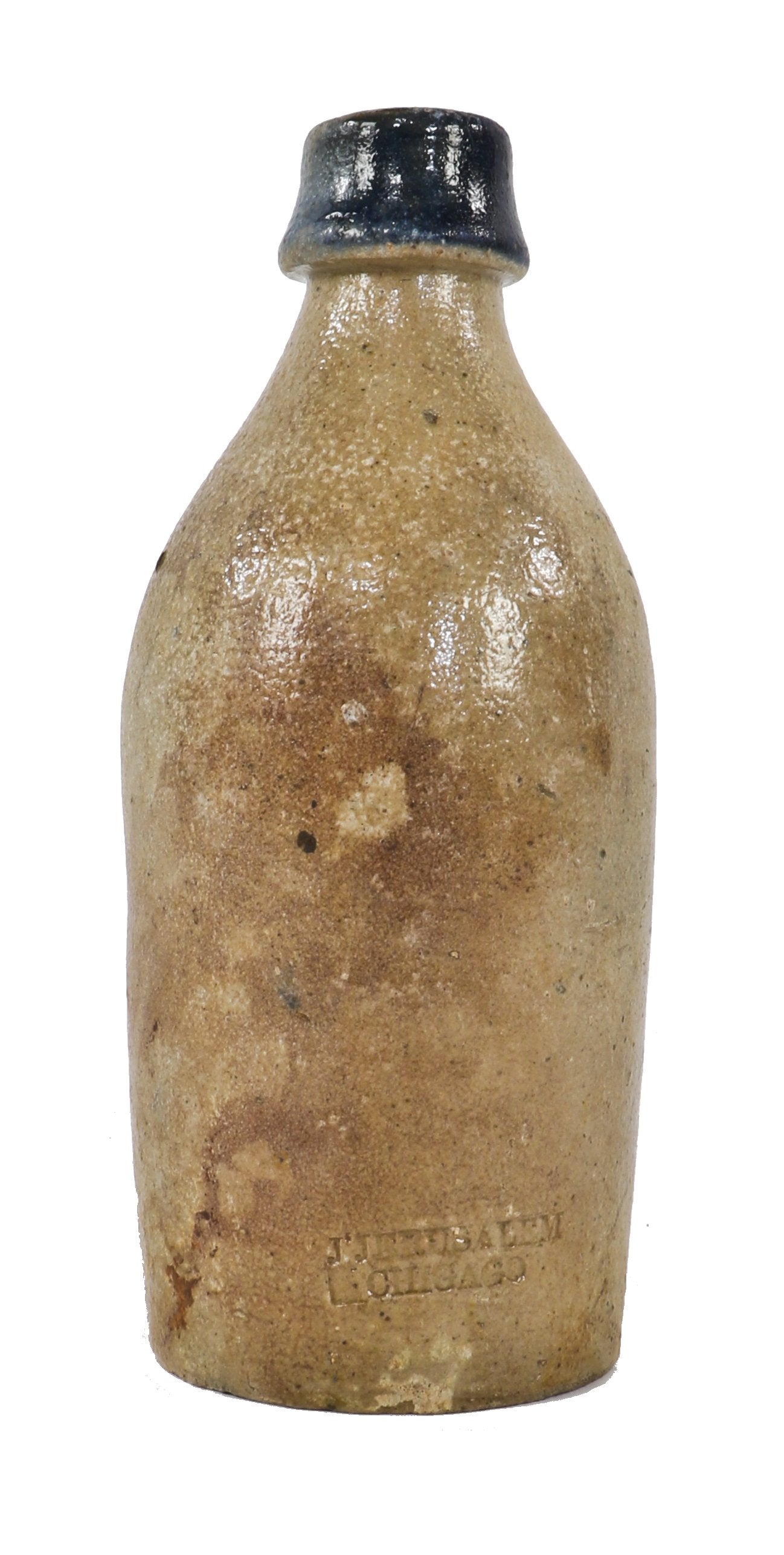 original c. early 1860's antique american privy dug chicago salt glazed stoneware beer bottle featuring a richly colored dark cobalt blue lip manufactured in chicago, illinois.