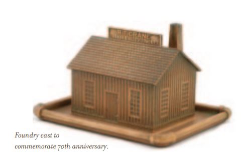 unusual diminutive two-part cast bronze "1855-1925" crane company building 70th anniversary souvenir depicting the company's first workshop