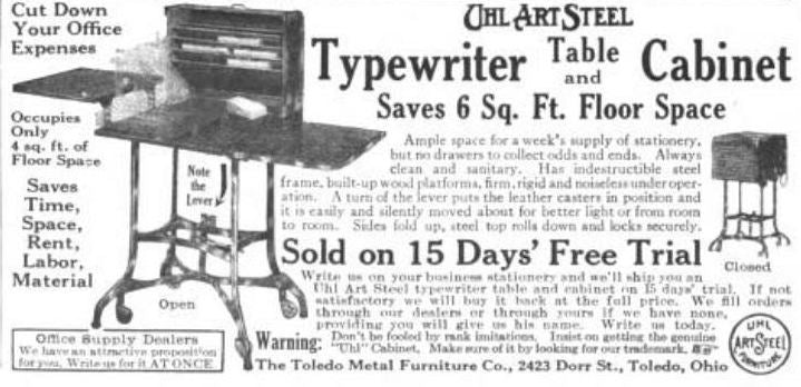 refinished original and intact early 20th century american industrial portable "uhl art steel" stenographer combination roll-top and drop-leaf table or desk