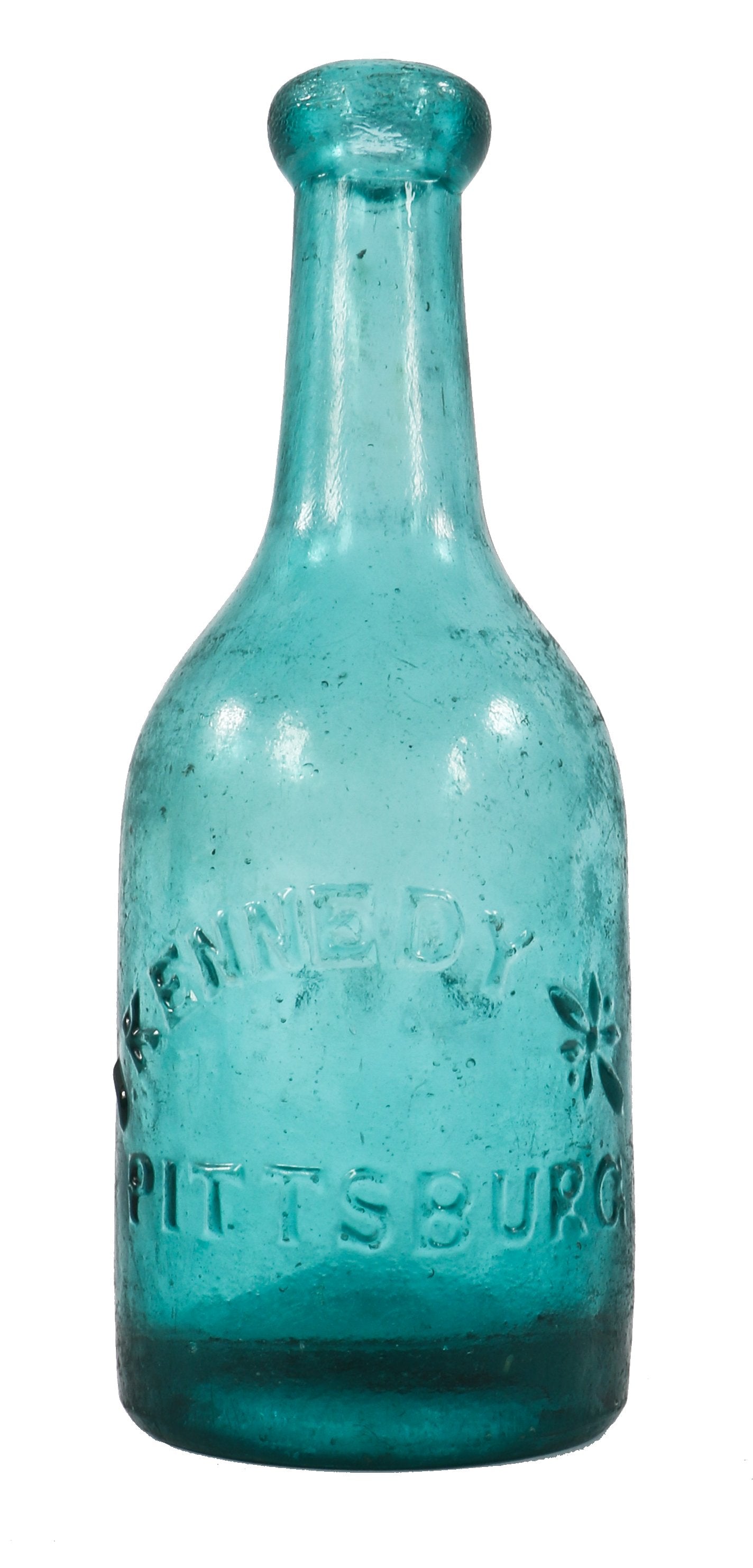 mid-nineteenth century privy dug pontiled teal porter style soda bottle manufactured for joseph kennedy of pittsburgh, pennsylvania.