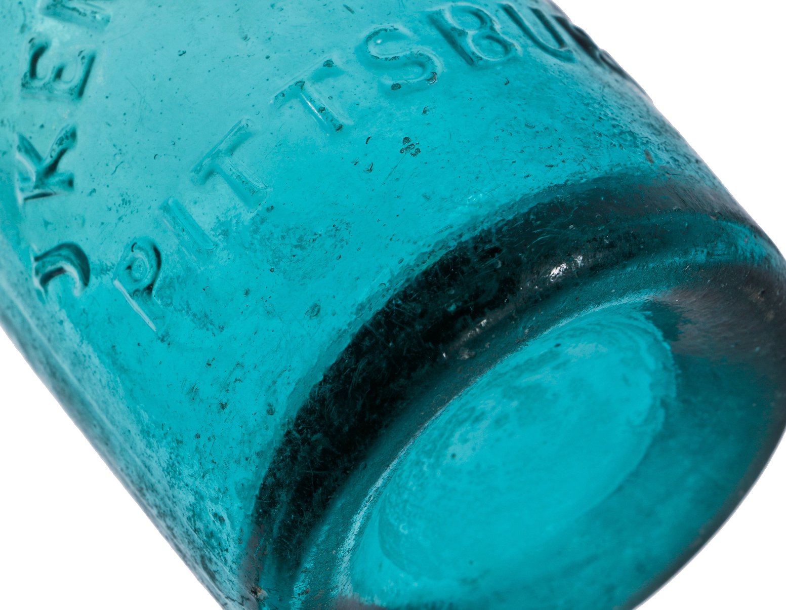 mid-nineteenth century privy dug pontiled teal porter style soda bottle manufactured for joseph kennedy of pittsburgh, pennsylvania.