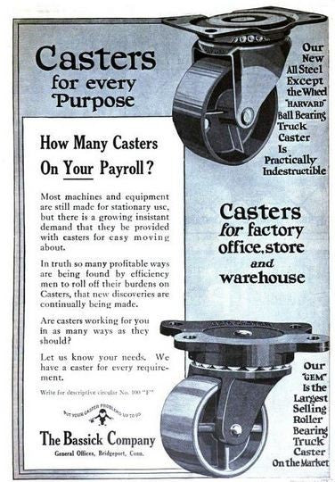 group of four matching c. 1920's american industrial "no. 36" bassick steel and iron factory truck or cart swivel casters