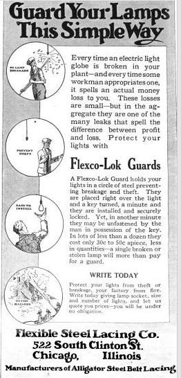 early 20th century lightly cleaned american industrial single incandescent lamp "flexco-lok" expanded metal cage or guard